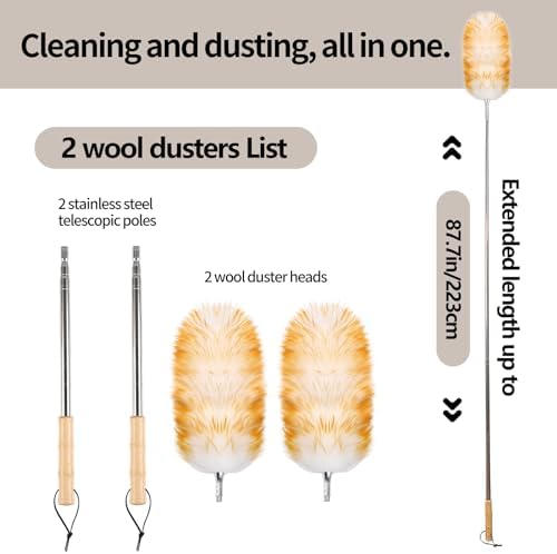 Lambswool Duster for Cleaning with Solid Wooden Handle Leather Hang Strap 87.8" Removable Retractable Feather Duster for Cleaning Ceiling Fans Window Blinds Interior Roof Furniture(2 Pack) - Image 3