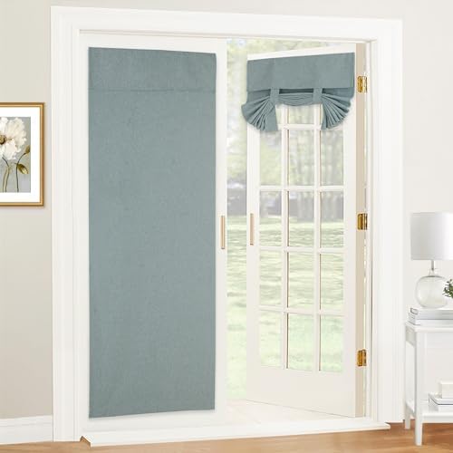 RYB HOME Linen Blended French Door Shades Self Adhesive, Privacy Room Darkening Glass Door Window Curtains for Kitchen Patio Sidelight Curtain Tie Up Shade, W 34 x L 69 inch, 1 Pc, Stone Blue by RYBHOME