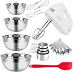 WEPSEN 5-Speed Electric Hand Mixer, 4 Large Mixing Bowls Set, Handheld Mixers with Whisks Beater, Stainless Steel Metal Nesting Bowl Measuring Cups Spoons Kitchen Cake Blender for Baking Supplies by WEPSEN