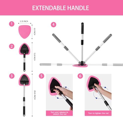 Qydipclin 11pcs Windshield Cleaner Tool, Car Window Cleaning Wash Kit with 6 Reusable Microfiber Pads 2 Spray Bottles and Extendable Handles Auto Glass Wiper Kit, Pink - Image 4
