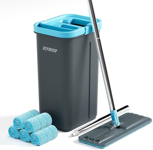 JOYMOOP Mop and Bucket Set with Wringer, with 5 Reusable Microfiber Mop Pads, Mops for Floor Cleaning and Wall Cleaning, Hands-Free Flat Mop for Home Use - Grey+Cyan Blue by JOYMOOP