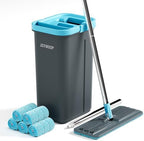 JOYMOOP Mop and Bucket Set with Wringer, with 5 Reusable Microfiber Mop Pads, Mops for Floor Cleaning and Wall Cleaning, Hands-Free Flat Mop for Home Use - Grey+Cyan Blue by JOYMOOP