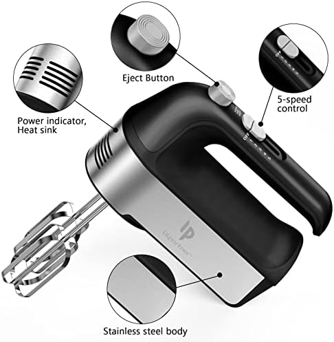 Hand Mixer Electric, 450W Kitchen Mixers with Scale Cup Storage Case, Turbo Boost/Self-Control Speed + 5 Speed + Eject Button + 5 Stainless Steel Accessories, For Easy Whipping Dough, Cream, Black - Image 2
