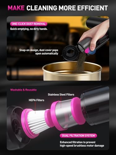 Mini Car Vacuum Portable Cordless with LED Light, 15000PA Powerful Suction, 80W High Power, One-Click Empty, Dual Hepa Filter, Y8plus Car Vacuum Cleaner & Air Duster for Home, Desk, PC, Keyboard - Image 3