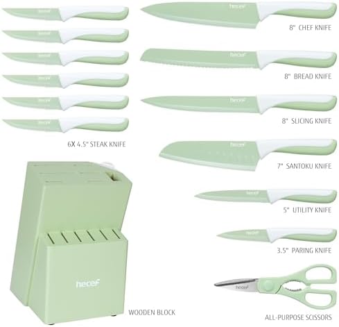hecef 15 Pieces Green Kitchen Knife Set, Built-in Sharpening Wooden Block - Image 2
