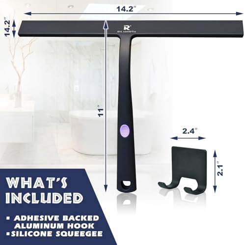 Squeegee for Shower Door 14 Inch Wide Blade, 11 Inch Short Handle One-Piece Silicone with Stainless Steel Core, Non-Slip Grip Window Squeegee for Bathroom Mirror Car Windshield, Aluminum Hook (Black) - Image 4
