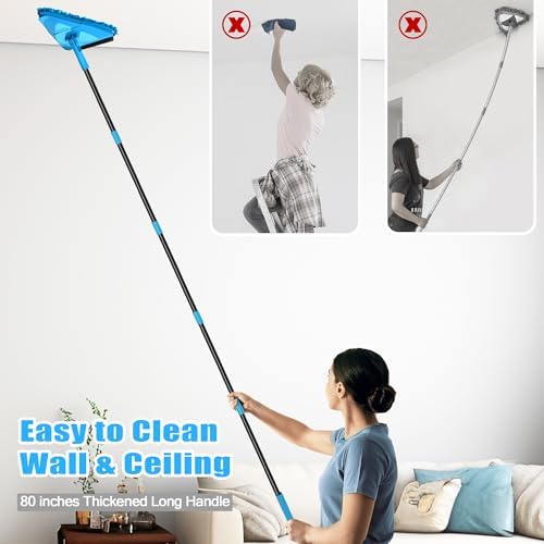 NEWE Wall Mop Cleaner with 80 Inch Long Handle, 180° Folding Ceiling Cleaner with Squeegee, Cabinet Cleaning Tool, Wall Scrubber, Triangle Baseboard Scrubber, 4 Chenille Duster & 2 Microfiber Pads - Image 2