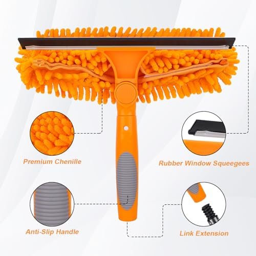 Window Squeegee Cleaner Tool with Extension Pole: 2-in-1 Window Cleaning Kit - 86.6 Inch Telescopic Long Window Cleaning Tool for High Windows Glass with 2 Microfiber Cloth & Squeegee Blade - Image 2