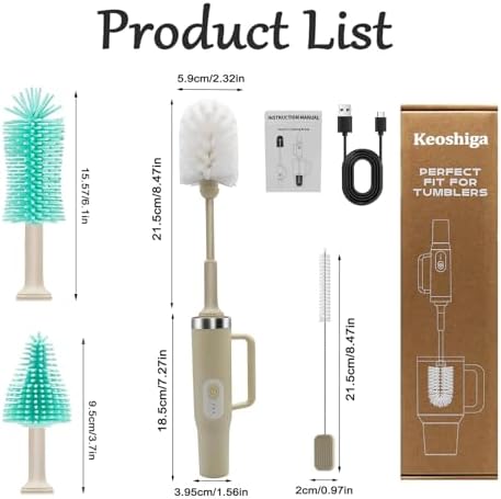 5 in 1 Electric Bottle Brush Cleaner Compatible Stanley Bottle Brush Straw Cleaner Multifunction Rechargeable IPX6 Waterproof Extra Long Design for Stanley Cup, Sports Bottle and More (Beige) - Image 4