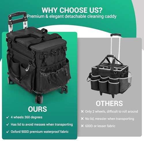 Rolling Cleaning Caddy Bag w/Detachable Trolley & Lid (Black) - Image 3