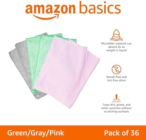Amazon Basics Microfiber Cleaning Cloths, Ultra Absorbent, Scratch Free, Non-Abrasive, Reusable and Washable, All-Purpose, Car Detailing, 16" x 12", Green/Gray/Pink (Pack of 288) - Image 2