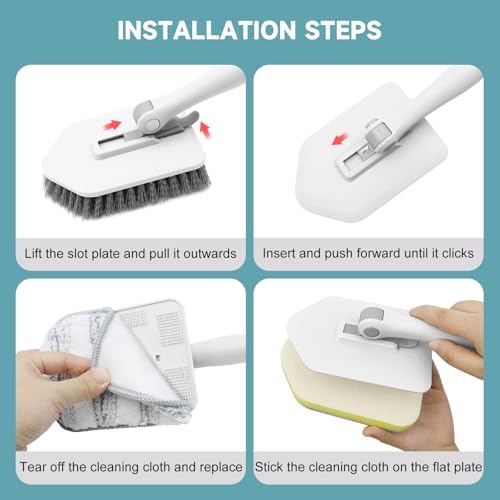 nacena Shower Scrubber with Long Handle, 4 in 1 Tile Tub Scrubber Brush with 3 Detachable Cleaning Shower Heads and Floor Squeegee Shower Cleaner Brush for Bathroom Kitchen Tub Sink Floor, Grey White - Image 6