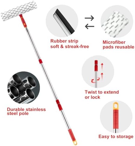 Squeegee for Window Cleaning, 12" Squeegee and 11" Microfiber Scrubber Combi with Stainless Steel Pole, Extendable Window Cleaner for Car, Sliding Door, Shower Glass Door-Swivel Style-2 Pads - Image 7
