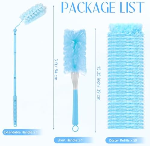 50 PCS Heavy Duty Duster Refills with Retractable Handle and Short Handle, Disposable Surface Duster Kit for Cleaning Dusting Furniture Blind Ceiling Fan (Blue) - Image 2