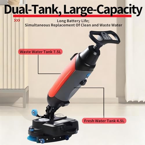 Commercial Floor Scrubber Machine, Compact Battery Powered Walk-Behind Floor Cleaner, 3 Hour Fast Charging Coverage 10764 Sqft/H, for Office, Salon, Restaurant & Small Spaces. Red - Image 4