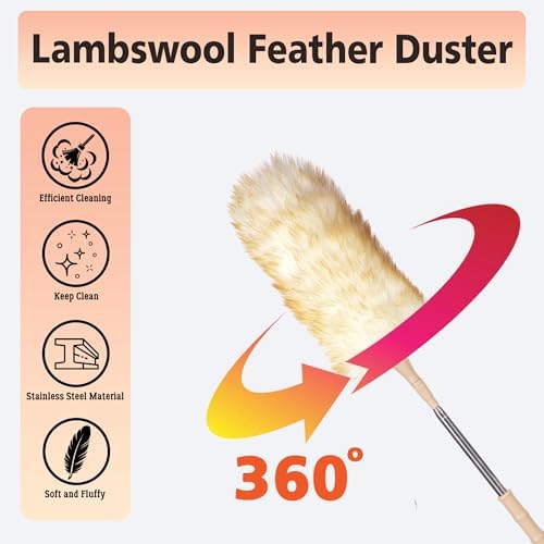 Lambswool Duster Extendable 22–55 Inch, Natural Wool Duster for Cleaning, Washable Reusable Duster for Ceiling Fans, Blinds, Furniture, High Places - Image 5