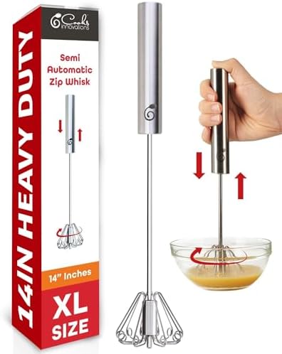 Stainless Steel Push-Down Rotary Egg Beater 14 Inch Hand Whisk Eggs & Milk by CooksInnovations