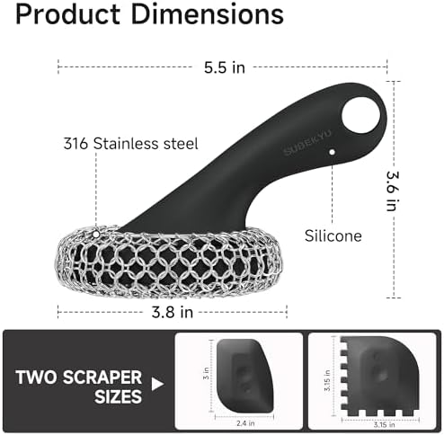 SUBEKYU Cast Iron Scrubber with Silicone Handle, Stainless Steel Skillet Cleaner for Cast Iron Pans (Black Scrubber + Scraper) - Image 6