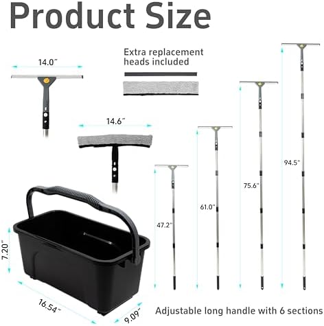 Window Washing Kit with Extension Pole(19–94.5"), Window Squeegee with Extension Pole, High Reach Window Cleaning Kit, 3 Gallon Bucket, Streak-Free Outdoor Window Cleaner, Extra Refills - Image 5