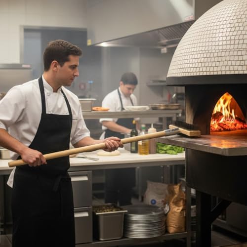 TrueCraftware- 27" Pizza Oven Brush with Scraper Long Wooden Handle Black Metal Wire Brush Pizza Stone Cleaner Commercial Grill BBQ Wood Fired Oven Tool - Image 2
