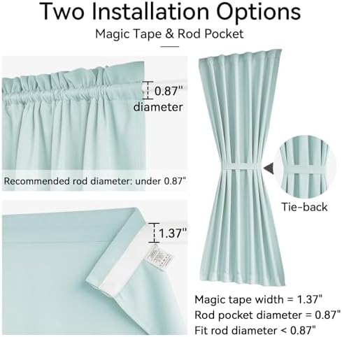 Vatge Magic Tape Blackout Window Cover Aqua French Door Curtains for Glass Window, 1 Panel, W54 x L40, Aqua - Image 2