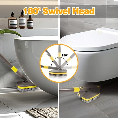 NEWE Shower Cleaner Brush, Tub Tile Scrubber with Telescopic Long Handle 56 inches, 4 Scrub Heads for Cleaning Bathroom Bathtub Floor Baseboard Sink Kitchen Toilet (Brown Yellow) - Image 4