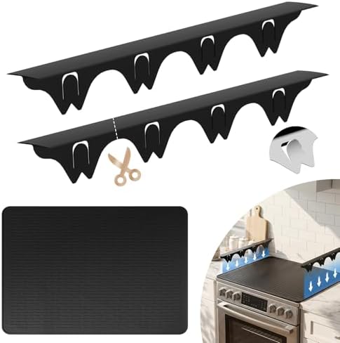 Silicone Stove Gap Covers with Stainless Steel, Oven Gap Filler Seals Gaps Between Stovetop and Counter, Stove Gap Guards Range Trim Kit, Easy to Clean Stove Gap Guard (Black 2 Pack,21" with mat) by YUHFERA