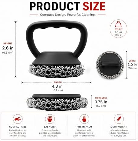 Chainmail Scrubber for Cast Iron, 316 Stainless Steel Cast Iron Cleaner with Silicone Handle, Chain Mail Scrubber for Skillet, Grill, Griddle, Dutch Oven & BBQ Cookware, Rust Resistant - Image 5