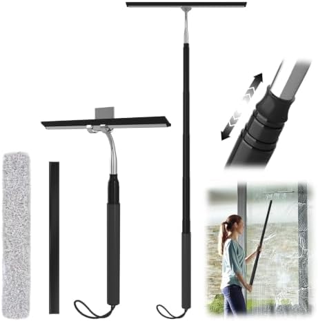 Long Handle Shower Squeegee for Glass Doors, 15-51" Telescopic Window Squeegee with Extension Pole, 2-1 Extendable Bathroom Squeegee with Fiber Scrubber for Shower Glass, Mirrors, Tile Walls & Windows by RakovarBaking