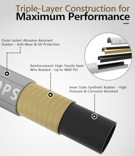 3/8" ID 4800PSI Pressure Washer Hose 50FT, Steel Wire Braided Pressure Hose - Image 4