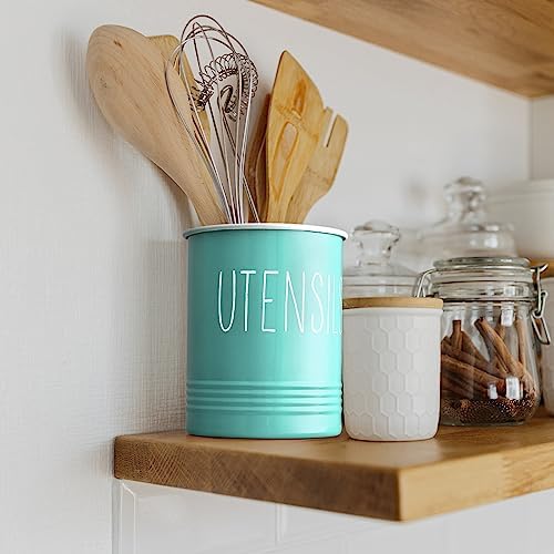 Bivvclaz Teal Kitchen Utensil Holder, 6.7" Utensil Holder for Kitchen Counter, Cooking Utensil Crock with Cork Bottom, Turquoise Decor and Accessories, Countertop Utensil Storage Caddy Organizer - Image 6