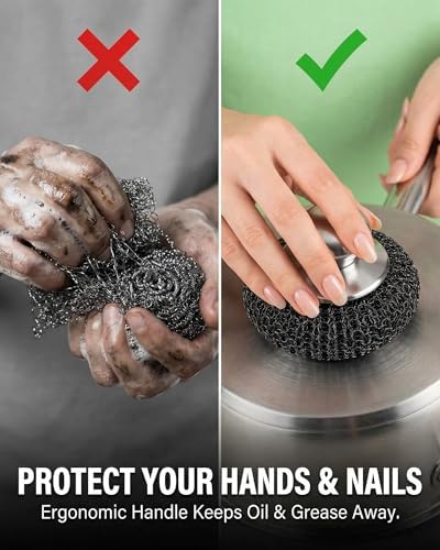 8 Pcs Steel Wool Scrubbers with 2 Pcs Handle,Stainless Steel Scouring Pads for Cast Iron Skillets, Grill & Kitchen Pots - Rust Resistant, Non-Splintering Heavy Duty for Tough Grease - Image 3
