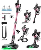 Cordless Vacuum Cleaner, 10 in 1 Stick Vacuum with Powerful Suction, Hose, Green LED Light, Anti-Tangle Brush, Lightweight Rechargeable Vacuum Cleaner for Home, Hardwood Floors, Carpets, Pet Hair,Pink by Home