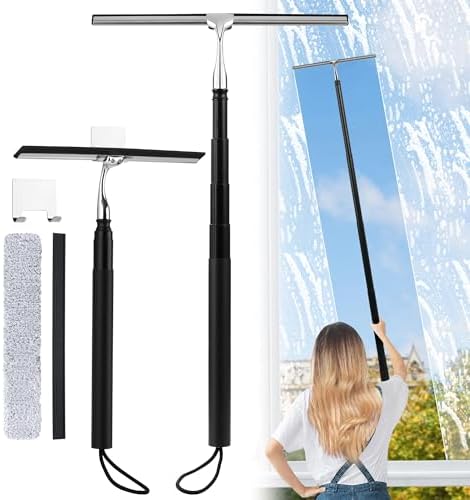 Toncoke 2 in 1 Window Squeegee, Shower Squeegee Window Cleaning Kit with Extension Pole Long Handle Squeegee for Shower Glass Floor Bathroom Home Outdoor, 12 inch Wide, Black by Unknown