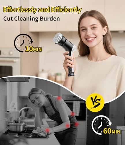 Electric Spin Scrubber, Cordless Household Cleaning Brush with 6 Replaceable Heads, 3 Speeds, LED Display, Lightweight Handheld Power Scrubber for Cleaning Stove/Bowl/Sink/Corner/Tile/Grout-Black - Image 2