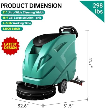 Commercial Floor scrubber machine, 21" Cleaning Width, 32.6" Suction Width, 15.9 Gallon Solution Tank, 15.9 Gallon Recovery Tank, 32000 Sqft/h, 5.5 Hours Runtime - Image 3