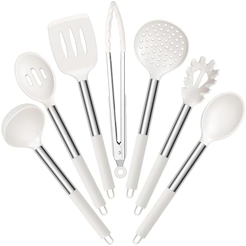 E-far Silicone Cooking Utensils Set, 7-Piece White Kitchen Utensils Set by E-far