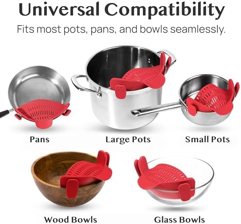 Kitchen Gizmo Snap N Strain Silicone Pot Strainer - Adjustable Clip-On Pasta Strainer for Pots, Pans, and Bowls - Large Red Kitchen Colander - Image 6