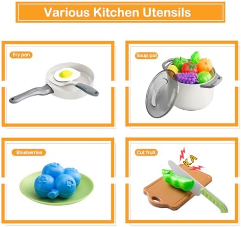 35Pcs Kids Kitchen Toy Accessories, Toddler Pretend Cooking Playset with Play Pots, Pans, Utensils, Cookware, Play Food Set, Toy Vegetables, Learning Gift for Girls & Boys (White) - Image 4