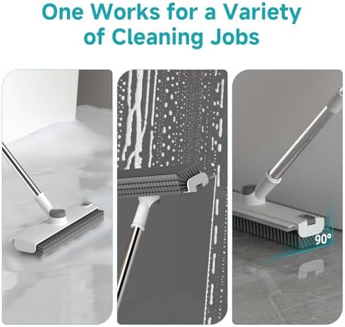 Floor Scrub Brush with Long Handle Length Adjustable, 3 in 1 Heavy-Duty Stiff 90° Bristle Floor Scrubber Broom with Squeegee, for Bathroom, Garage, Kitchen, Tile, Deck & Patio (White) - Image 2