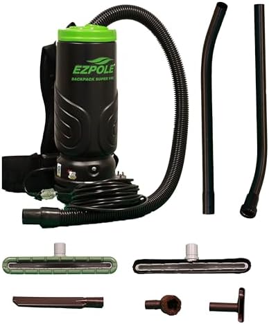 Ezpole Commercial HEPA 4- Stage Filtration Backpack Vacuum with Aluminum Wand and 50' Cord and (5) Heavy Duty Indusrial Duty Attachments - Made in USA by Ezpole