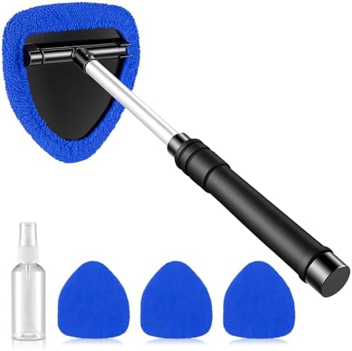 JUSTTOP Windshield Cleaner Tool, Car Interior and Exterior Window Cleaning Kit with Extendable Handle & 4 Reusable Microfiber Pads, Auto Glass Wiper Brush Kit for Car & Home Windows (Blue) by JUSTTOP