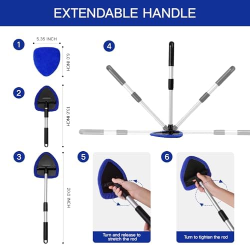 Qydipclin 11pcs Windshield Cleaner Tool, Car Window Cleaning Wash Kit with 6 Reusable Microfiber Pads 2 Spray Bottles and Extendable Handles Auto Glass Wiper Kit, Blue - Image 4