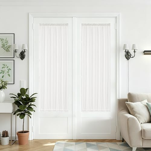 25 x 68 Inch Sheer Door Curtains 2 Panel Ivory White Linen Textured by DUKIYO
