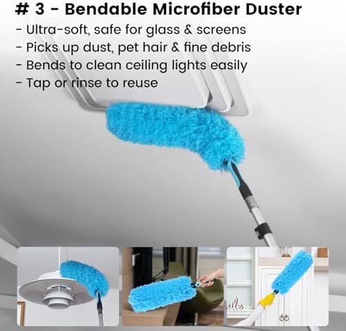Ceiling Fan Duster Kit with 12 FT Telescoping Pole – 6-Piece Set – Screw-On Cobweb Duster & Squeegee Heads – Washable Bendable – 3/4" Universal Fit – House Cleaning Kit, Blue - Image 5