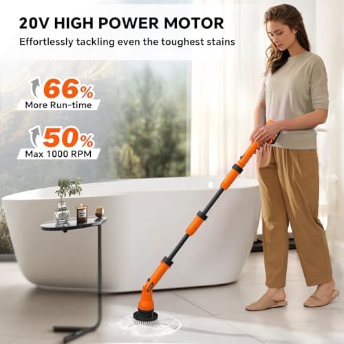 2 Battery Electric Spin Scrubber, 1000RPM Cordless Cleaning Brush Waterproof with 20V Power Supplied, Adjustable Extension Handle, 4 Replaceable Cleaning Heads, Hook, Gloves - for Tub/Tile/Wall/Floor - Image 5