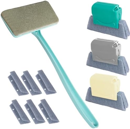 Window Screen Cleaner & Track Cleaning Kit – Mesh Screen Cleaning Brush + 3 Groove Brushes & 6 Replacement Cleaning Cloths – 14.8″ Detachable Long-Reach Handle, Wet & Dry Dual-Use by Ywmoml