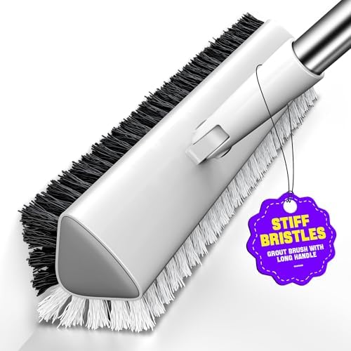 Grout Brush with Long Heavy Duty Handle, 180° Swivel Floor Scrub Brush, V-Shaped Grout Line Scrubber with Stiff Bristles, Cleaning Brush for Deep Cleaning Tile Grout, Shower, Kitchen, and Concrete by Unknown