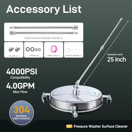 18" Pressure Washer Surface Cleaner with 4 Wheels, Surface Cleaner for Pressure Washer, 2 Extension Wands, 2 Replacement Nozzles, Power Washer Surface Cleaner for Concrete, Driveway - Image 6
