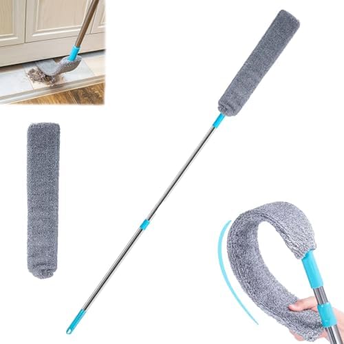 Flat Duster for Under Appliances, Retractable Gap Dust Cleaning Artifact,Bendable Microfiber Duster,Flat Duster with Extension Pole,Under Fridge Cleaning Tool (1 Set+1 Replacement Head) by buynow